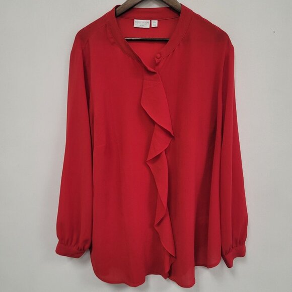 Bisou Bisou Womens Ruffle Button Up Top Size 3X Cherry Red Office Editorial - Picture 1 of 10
